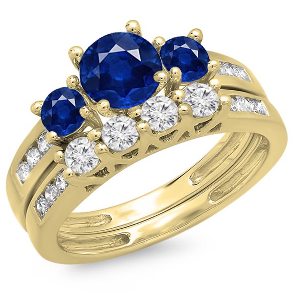 Dazzlingrock Collection 14K Round Blue Sapphire & White Diamond Ladies Bridal 3 Stone Engagement Ring Set, Yellow Gold, Size 5