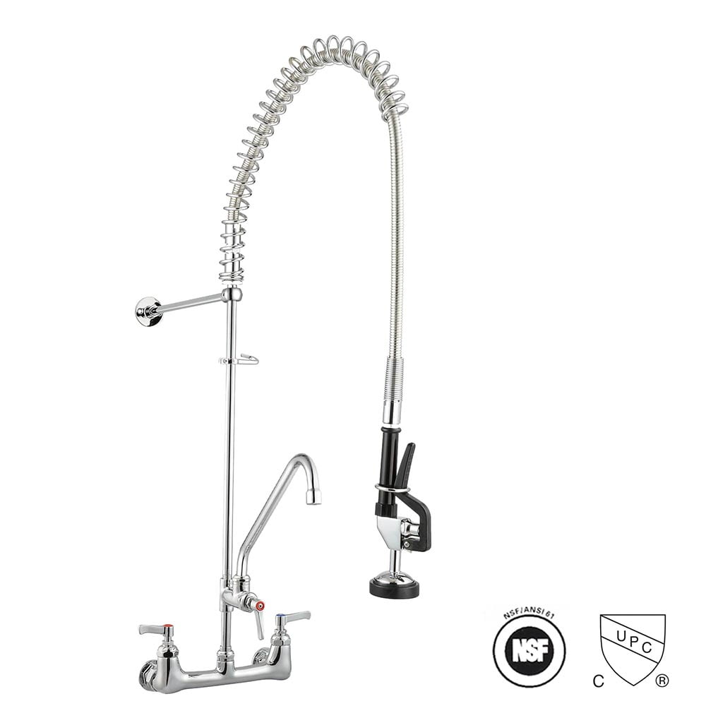 Aquaterior Commercial Pre-Rinse Kitchen Faucet Double Handle Brass Wall Mount w/ 12" Add-On Pull Down CUPC NSF