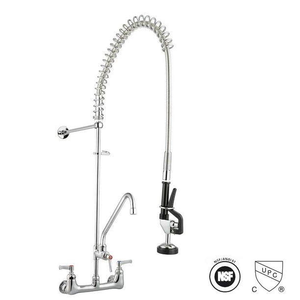 Aquaterior Commercial Pre Rinse Kitchen Faucet Double Handle Brass Wall Mount W 12 Add On Pull Down Cupc Nsf Com - Wall Mount Pull Down Faucet