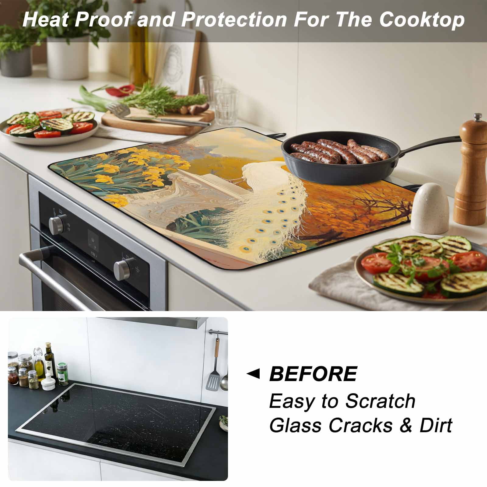 White Peacock Elegant Stove Top Cover for Electric Stove, Heat-proof & Non Slip Glass Top Stove Cover Protector, Vintage Garden Floral Botanical Kitchen Flat Cooktop Rubber Mat 24x21 Inches