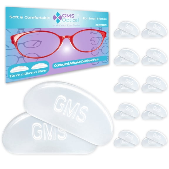 GMS Optical Contoured Adhesive Silicone Nose Pads for Glasses – 13mm Short Length, 1.8mm Thickness, Anti-Slip Backing ( 10 Pair, Clear)