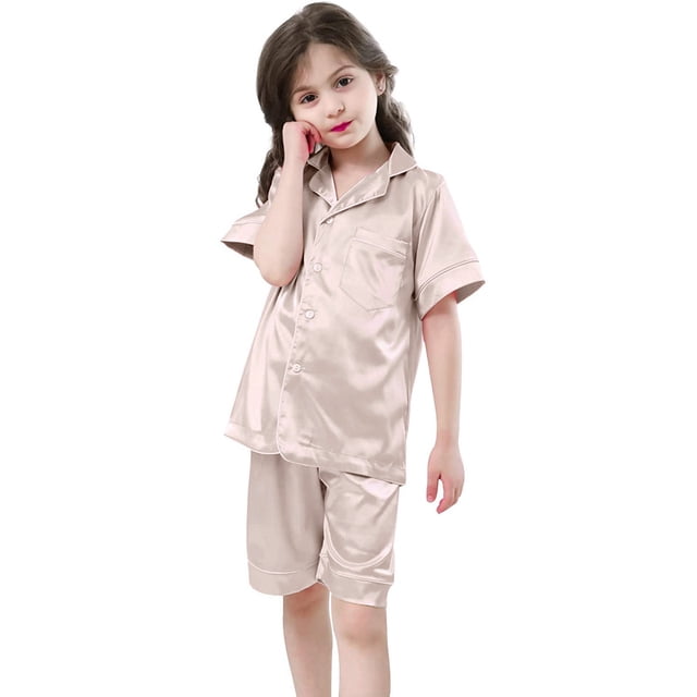 Ensemble de Pyjama pour Filles Pyjamas en Satin Enfants Hauts Boutonnés avec Shorts Tenue d'Intérieur Classique Pyjamas pour Enfants 8-9