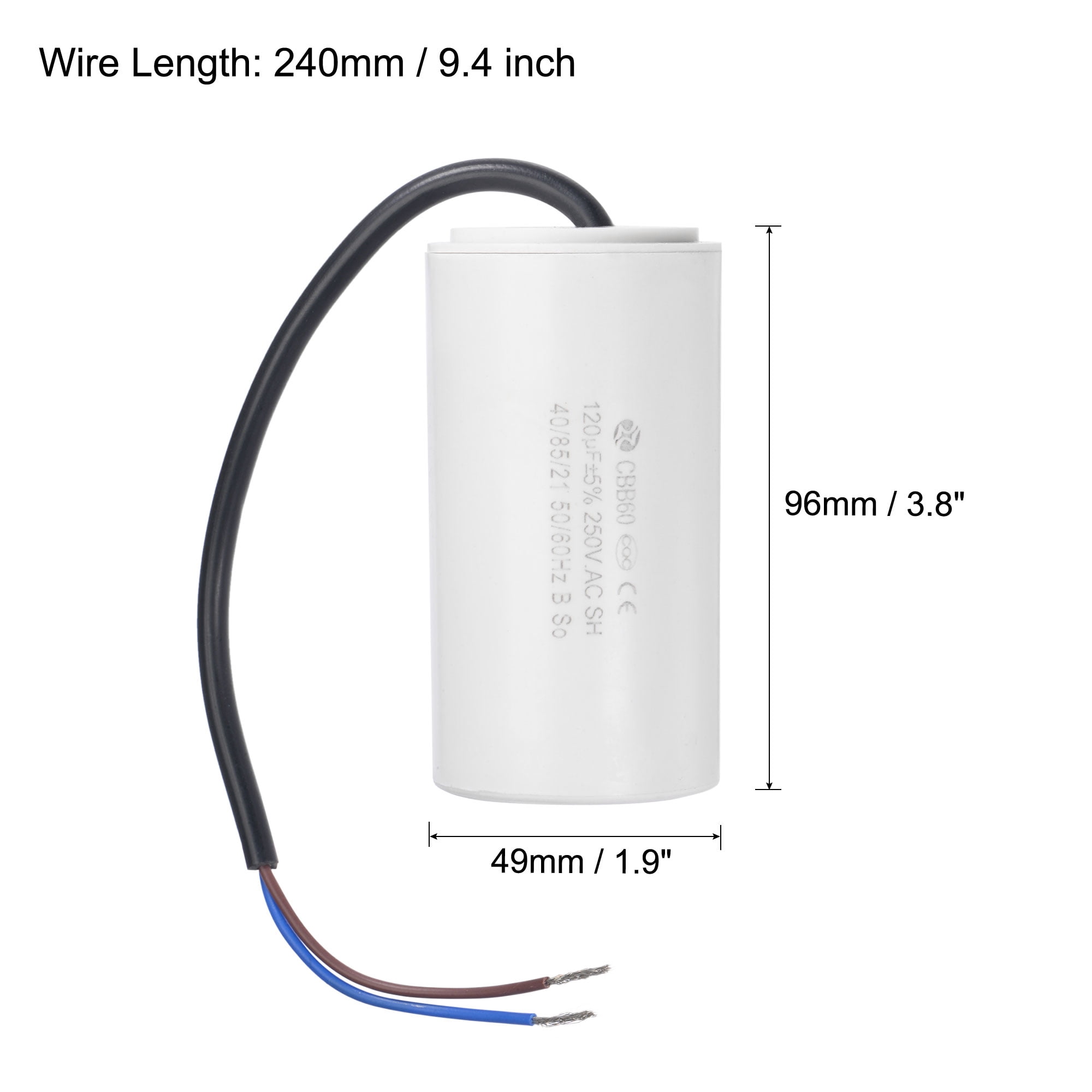 Uxcell 96x49mm 120uF 250V AC 50/60Hz 2 Wires CBB60 Run Capacitor White