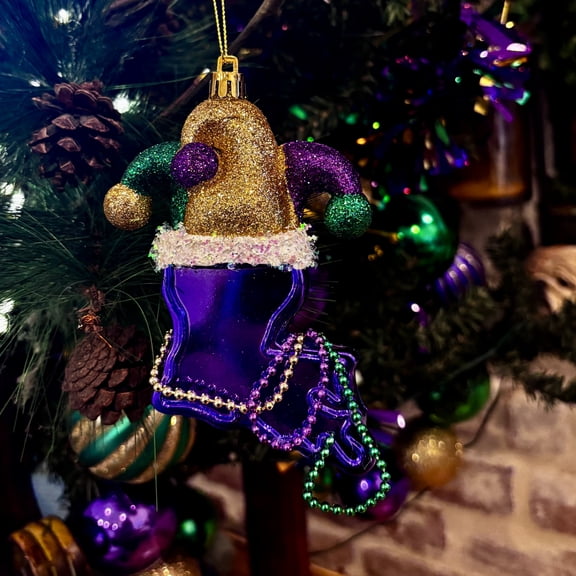 Louisiana State Ornament, Mardi Gras Jester Hat and Beads, Glitter Hat and Purple, Green, and Gold Mardi Gras Design