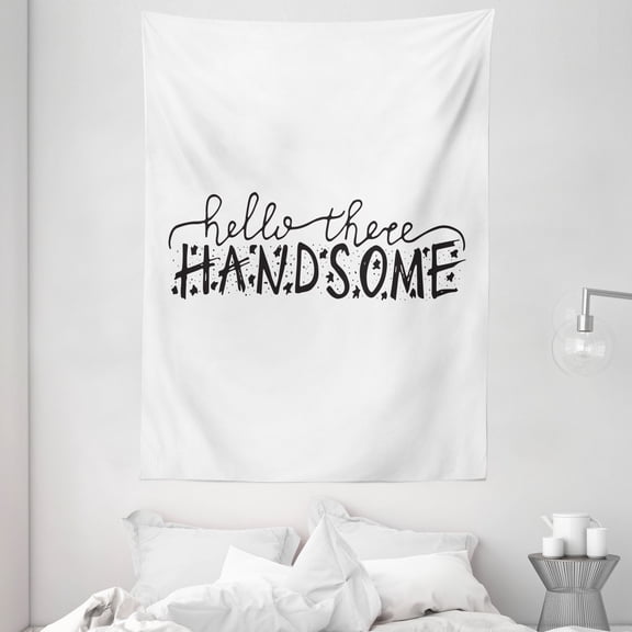 Hello Tapestry, Hello There Handsome Typographic Text with Doodle Stars for Baby Boys Kids Birthday, Wall Hanging for Bedroom Living Room Dorm Decor, 60W X 80L Inches, Black White, by Ambesonne