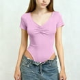 thumbnail image 3 of STETMN Short Sleeve Bodysuit Tops for Girls Pleated V Neck Tee Solid Dance Jumpsuit T-Shirts for 3-15 Y, 3 of 5