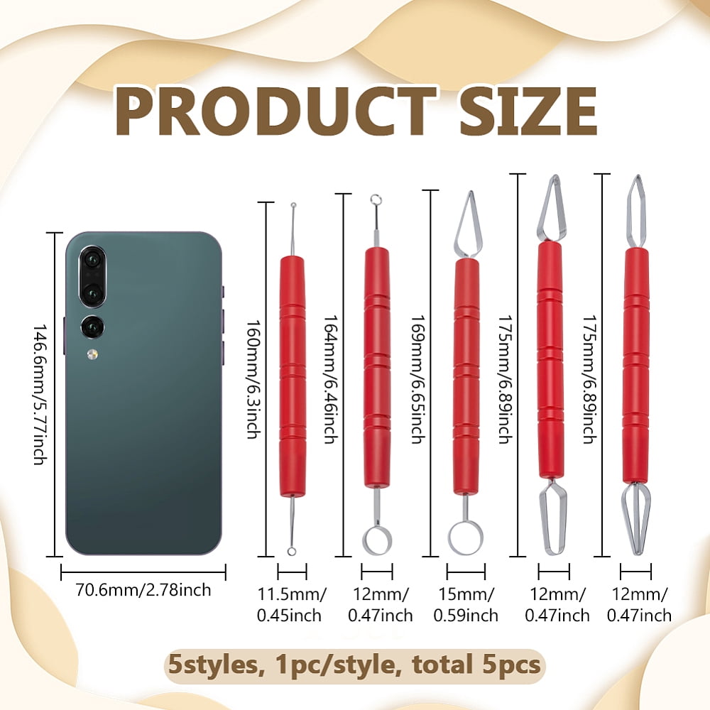 5Pcs 5 Styles 420 Stainless Steel Clay Sculpting Tool with Plastic Handle Carving Pen for Clay Craft Red 160~175x11.5~12mm 1pc/style