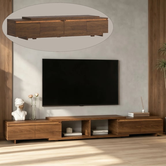 HIUU 63"-106" Walnut Extendable TV Stand with LED Lights,Modern Floor Mount TV Stand with Drawers,Wooden TV Stands with Storage for Living Room