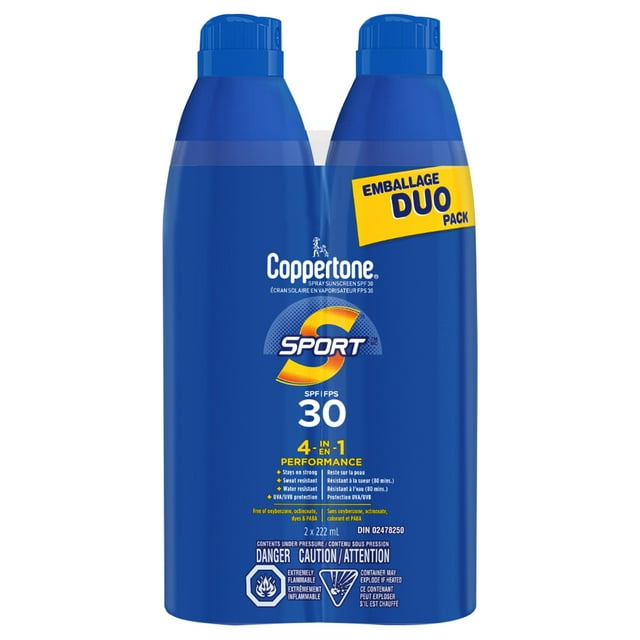 Coppertone Sport Sunscreen Spray SPF 30 Duo Pack, 4-in-1 Performance, Sweat and Water Resistant Spray Sunscreen, 2 x 222mL