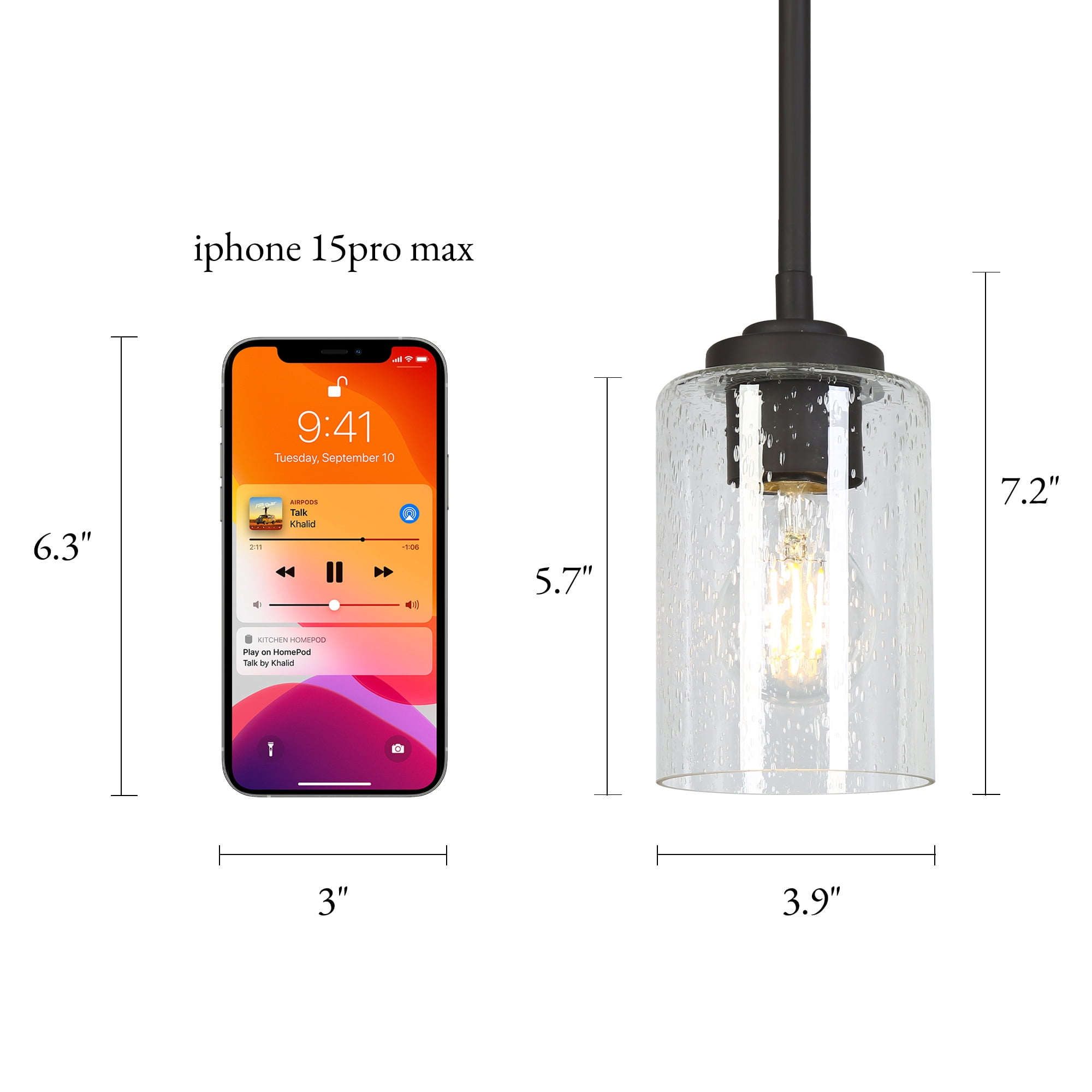 LNC 1-Light Mini Pendant Light,Seeded Glass,60W Medium Base,Dimmable,Adjustable Height,for Kitchen Island,Sink