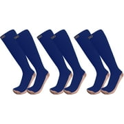 Graduated 15-20mmHG Knee High 3-Pair Copper Infused Blue & Gold Compression Support Socks For Men & Women For Walking, Running, Exercising, Varicose Veins, Swollen Ankles & Calves, L/XL