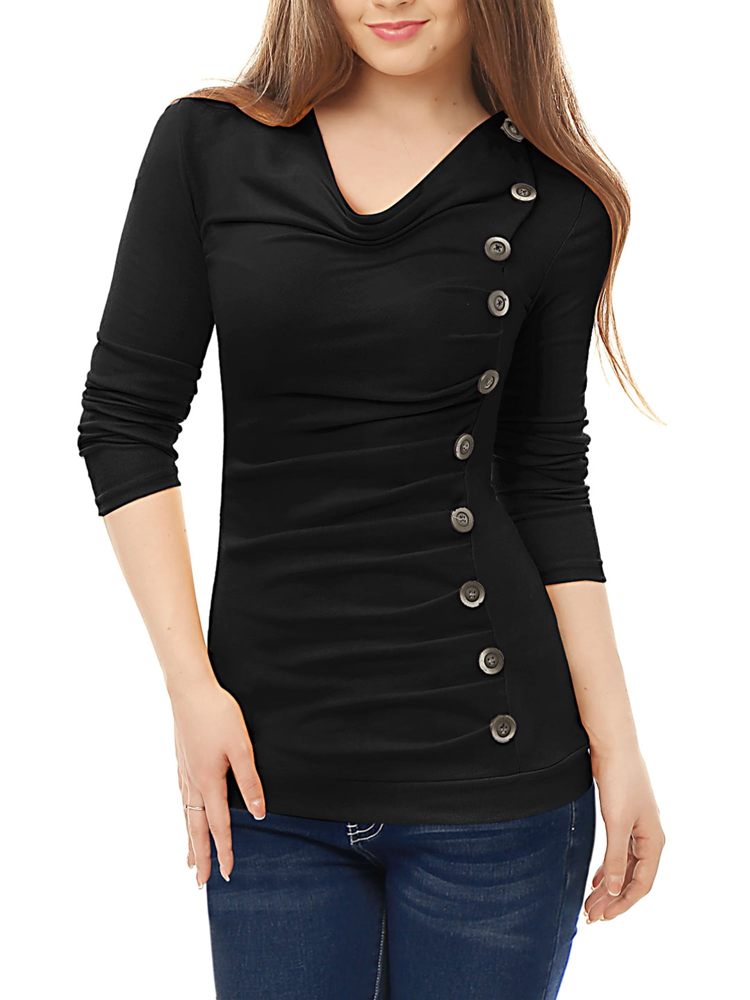 DARING DIVA Women's Cowl Neck Side Ruched Tunic Top L Black