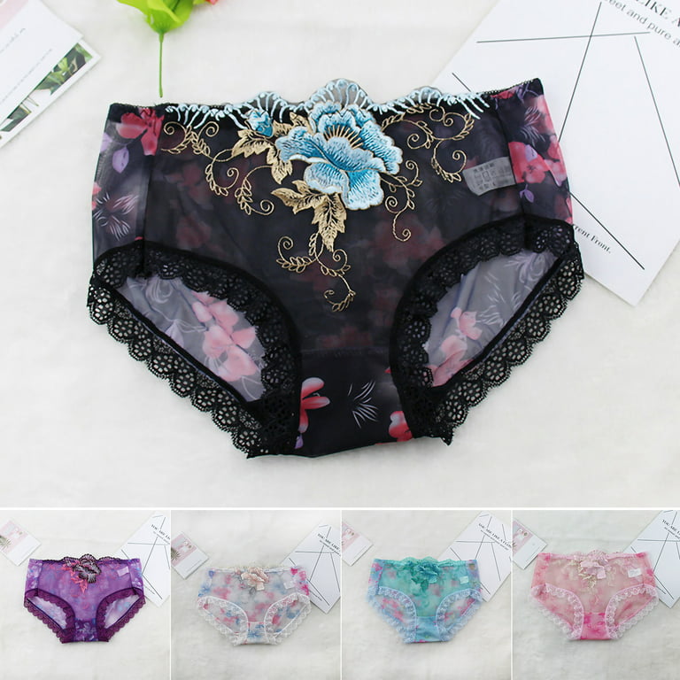 Kripyery Women Panties Rose Embroidery Flower Print, Mid Waist Sexy Ladies  Briefs with Stretch See-through Lace for Daily Wear Underpants Underwear