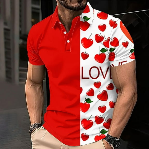 Jinhomg Holiday Shirts for Men 2025 Fashion Love Heart Print Polos Shirt Casual Comfy Short Sleeve Button Lapel Tops Male Dating Wear Winter Saving Multicolor XXXL
