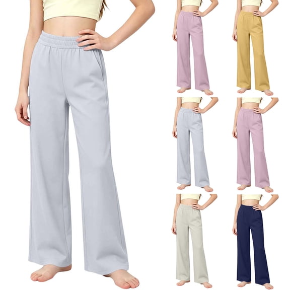 DJDLJWCJ Girls Pull On Wide Leg Pants Elastic Waist Straight Loose Pants with Pockets Comfy Solid Color Casual Pants for School Beige Size 7