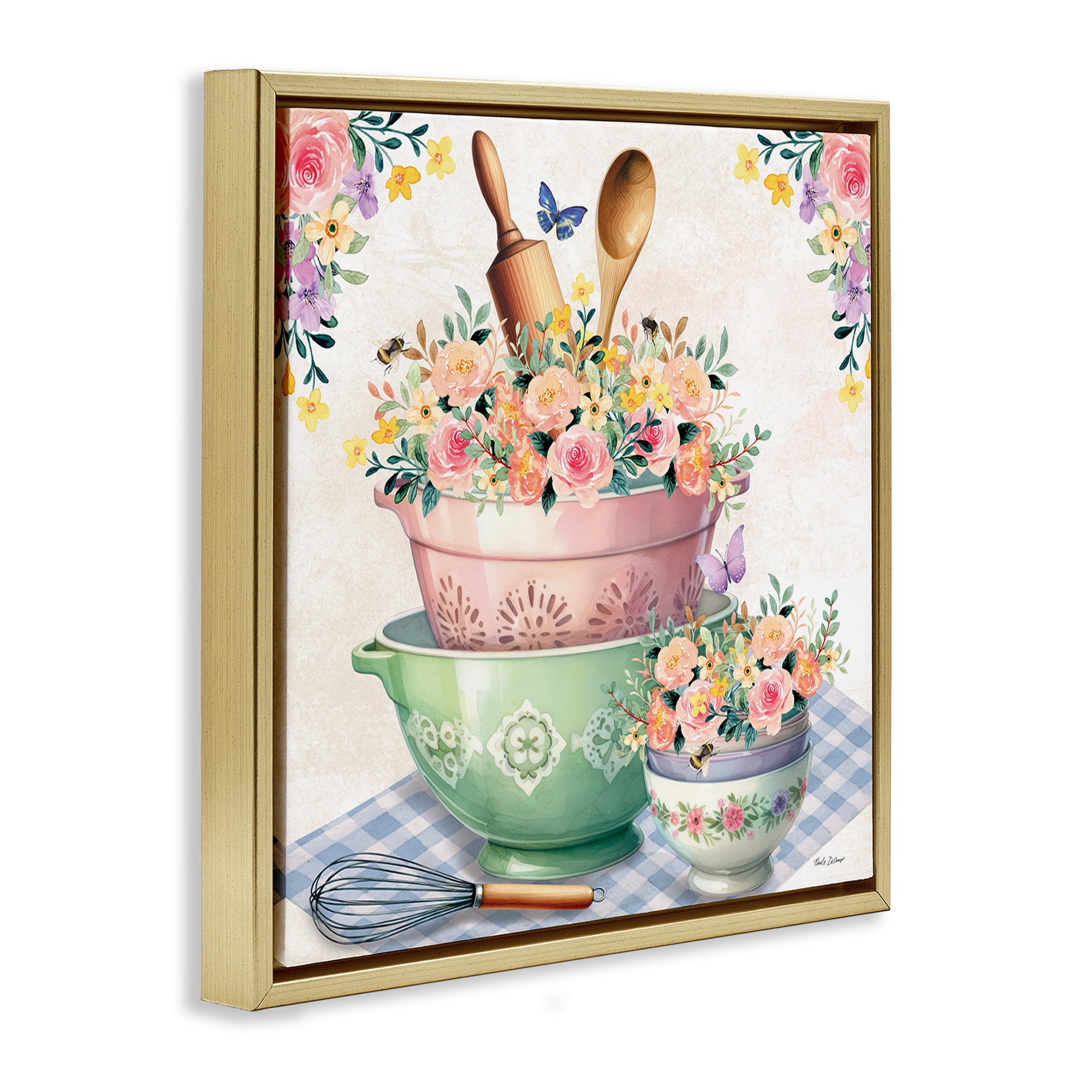Stupell Industries Floral Kitchen Bowls Stack Food & Beverage Painting Gold Floater Framed Canvas Art Print Wall Art, 18 x 18