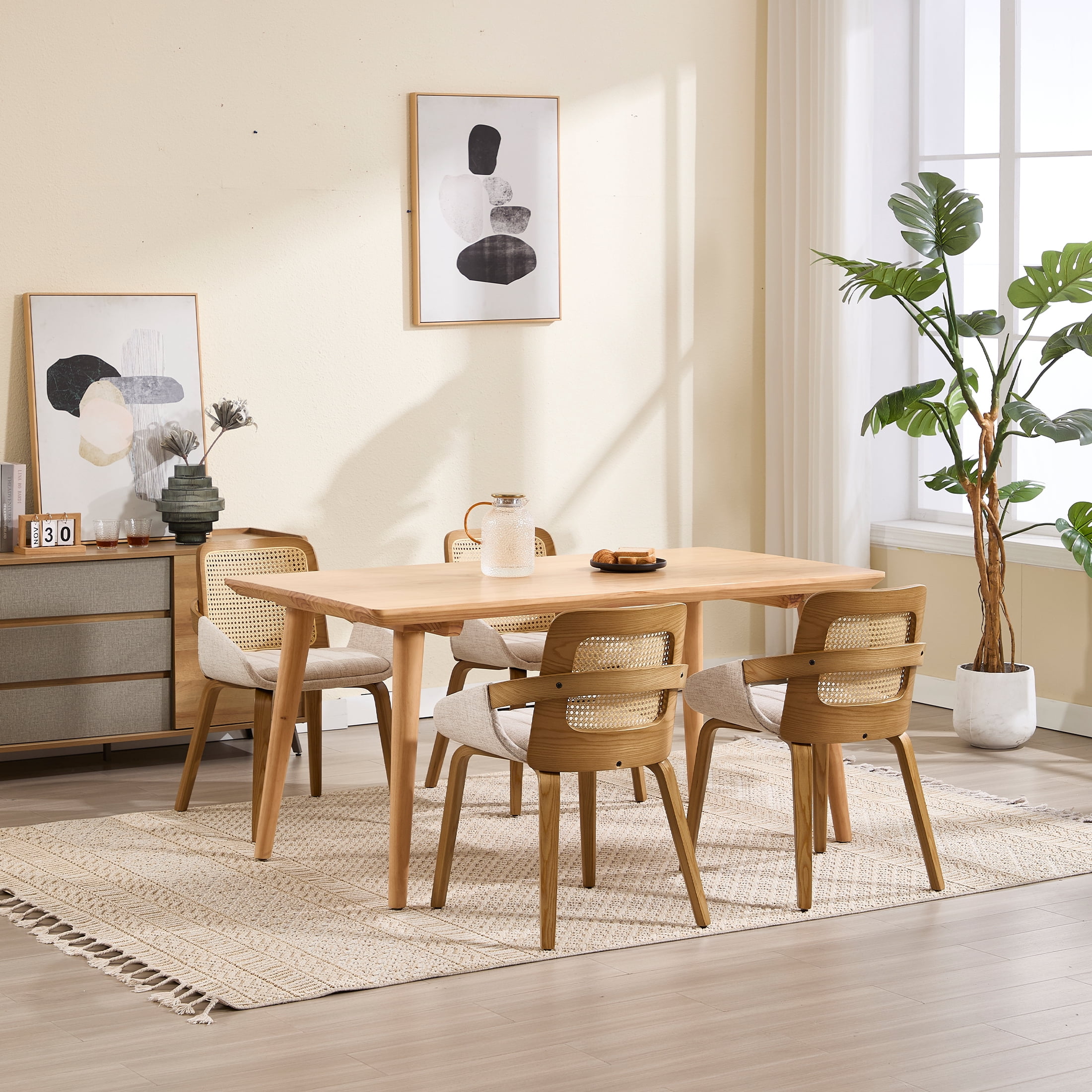 Guyou Modern Rattan Dining Chair Set of 2, Solid Wood Dining Side Chairs, Linen Upholstered Kitchen Chairs with Armrests for Kitchen Dining Room Living Room, Beige