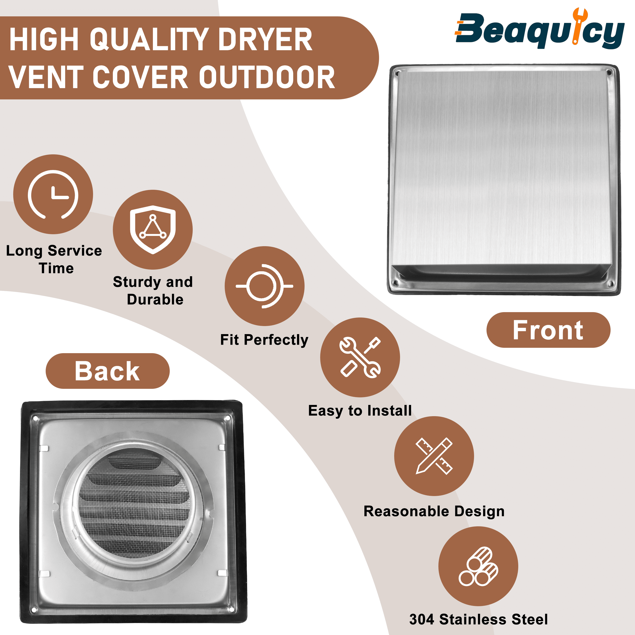 Beaquicy 4 Inch Square Stainless Steel External Vent Cover with Screws for Wall Ventilation