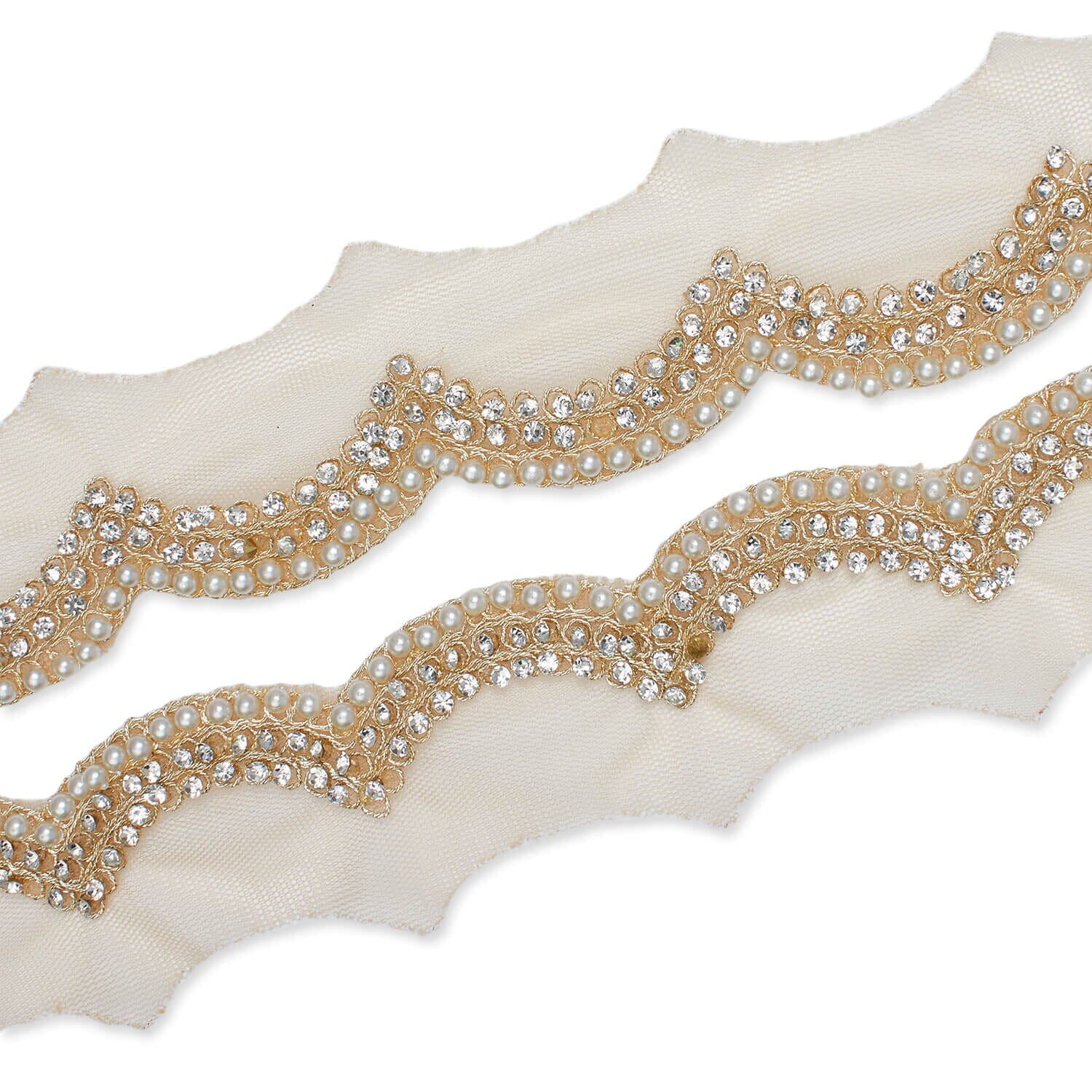 2 Inch Scalloped Regal Rhinestones Beads & Metallic Cording On Polyester Mesh Trim For Sewing, Crafts, Decor, Or Upholstery - Beige 10 Packs (9.8 Yards / 9 Meters, Each)