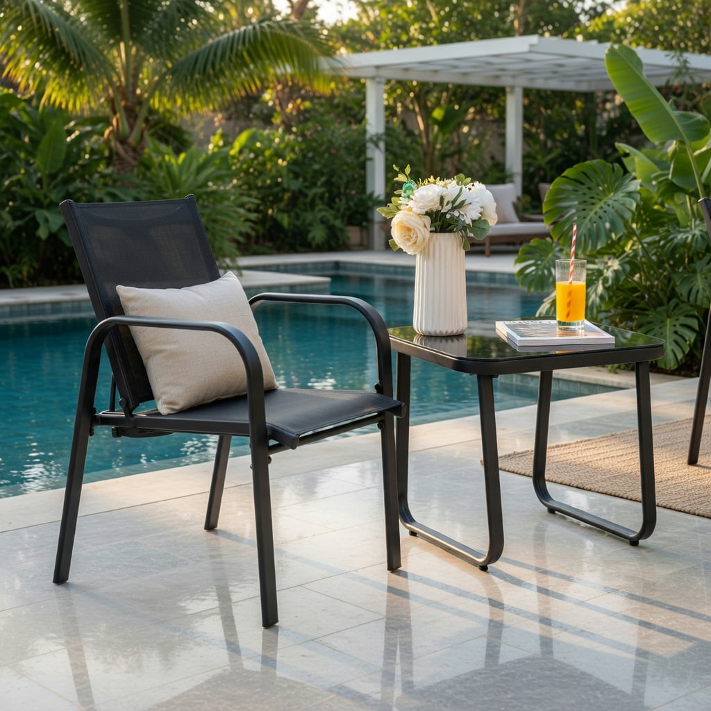 Hommoo 3-Piece Outdoor Bistro Set, Stackable Steel Chairs with Adjustable Backrest & Tempered Glass Table for Patio, Balcony, Porch, Black