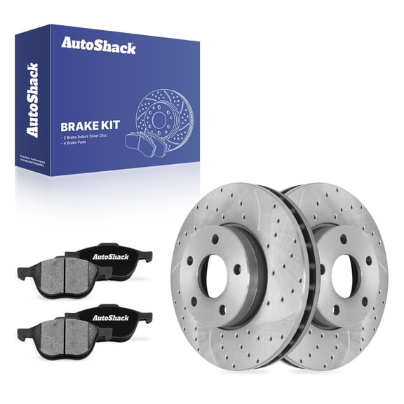 AutoShack Front Vented Drilled & Slotted Silver Zinc Coated Brake Rotors   Ceramic Pads 6-PC Brake Kit Replacement for 2012-2018 Ford Focus 2004-2011 Volvo S40 SilverShield Pro 10.95" (278.1 mm)