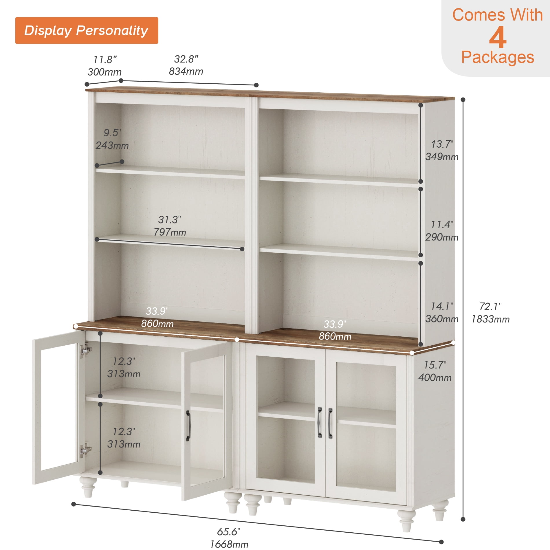 Entertainment Center with Bookshelves with Glass Doors & Drawer, Farmhouse Wall Unit TV Stand for TVs up to 75", Media Console Table for Living Room, Bedroom & Home Theater, White