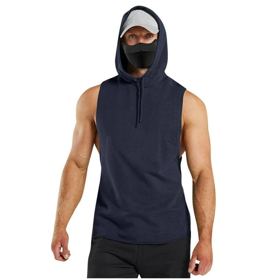 Miluxas Men's Sleeveless Hoodie Loose Lightweight Workout Hooded Tank Top Casual Fashion Drawstring Gym Muscle T Shirts Navy