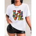 thumbnail image 1 of Colorful Puzzle LOVE Letter Print Black Women's Casual Fashion Round Neck Short Sleeve T-Shirt, Polyester, Machine Washable, 1 of 7