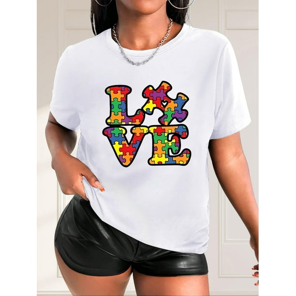 Colorful Puzzle LOVE Letter Print Black Women's Casual Fashion Round Neck Short Sleeve T-Shirt, Polyester, Machine Washable