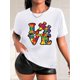 thumbnail image 1 of Colorful Puzzle LOVE Letter Print Black Women's Casual Fashion Round Neck Short Sleeve T-Shirt, Polyester, Machine Washable, 1 of 8