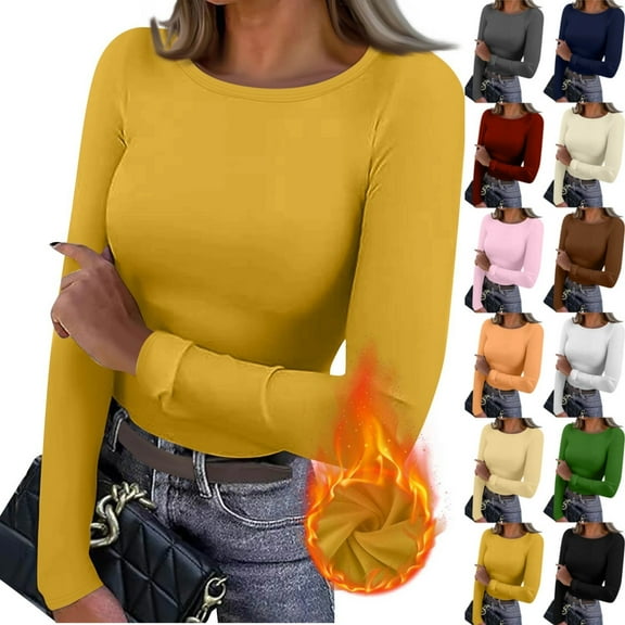 Long Sleeve Shirt for Women Slim Fit Thermal Fleece Lined Baselayer Shirt Stretch Fitted Underwear Shirt Fall Winter Cold Weather Crew Neck Blouse，Yellow XL