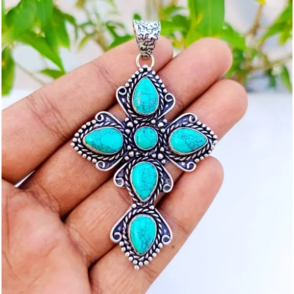 Turquoise Cross Pendant 925 Sterling Silver Handmade Gemstone Jewelry 2.55"