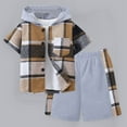 thumbnail image 5 of Toddler Boys Casual Outfit Sets Kids Plaid Print Patchwork Hooded Short Sleeve Shirt Tops With Shorts Two Piece Set Holiday Wear,Brown,8-9 Years, 5 of 6