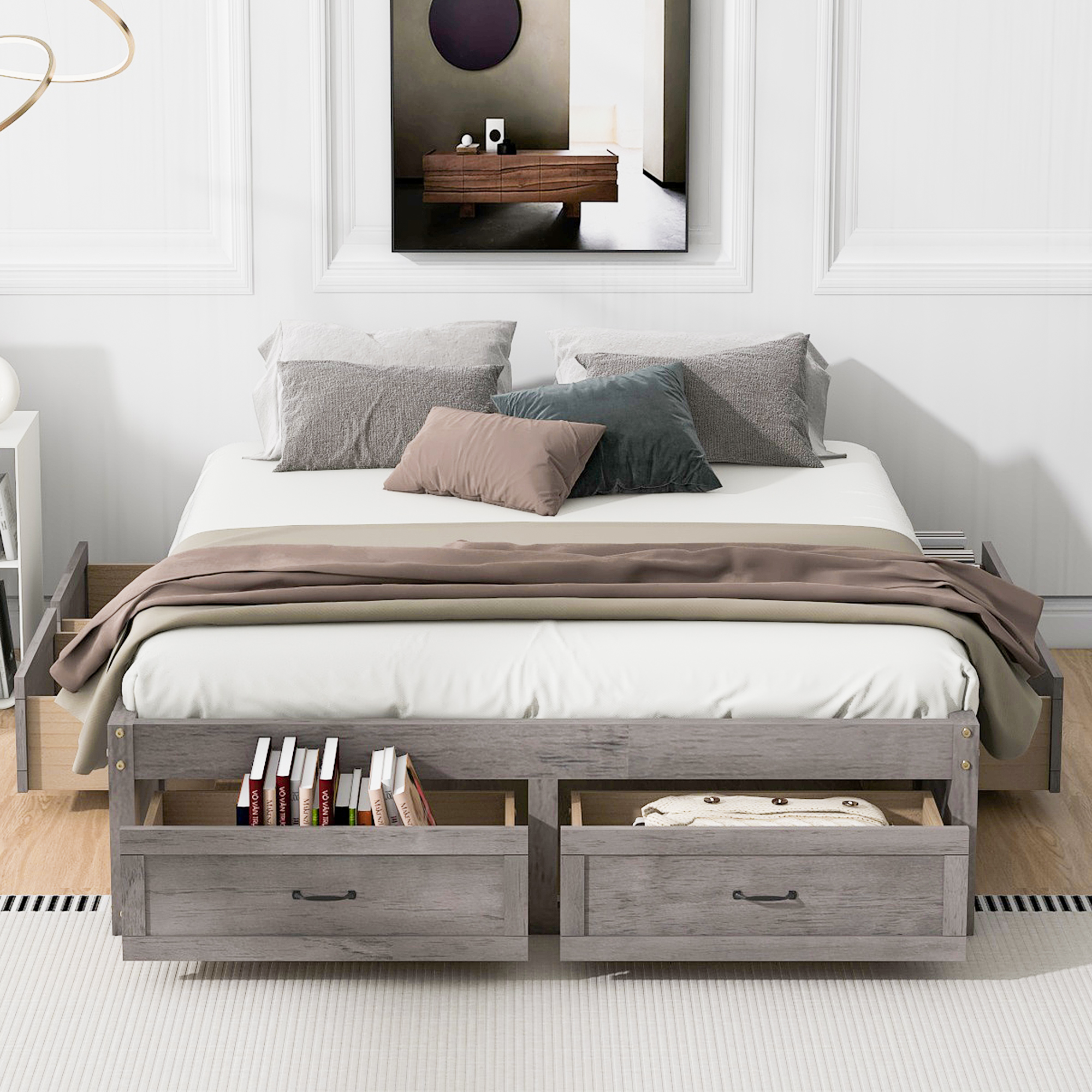 Euroco Wood Queen Size Platform Bed with 6 Drawers for Kids Teens Adults, Antique Gray