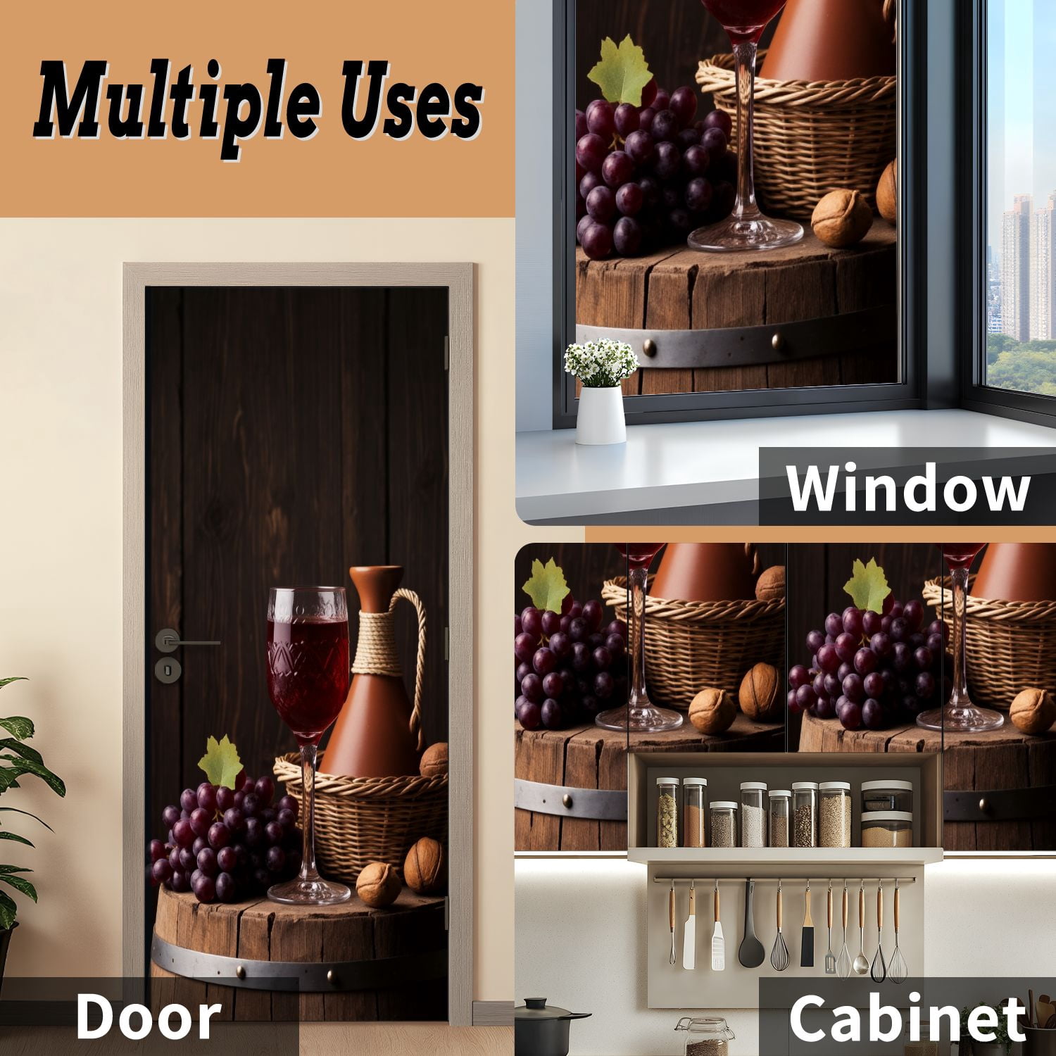 Self Adhesive Vinyl Refrigerator Wrap Set Old red wine Traditional storage wine Door Mural Removable Fridge Sticker Peel and Stick&nbsp;Full Door Cover Decal Kitchen Bar Decor