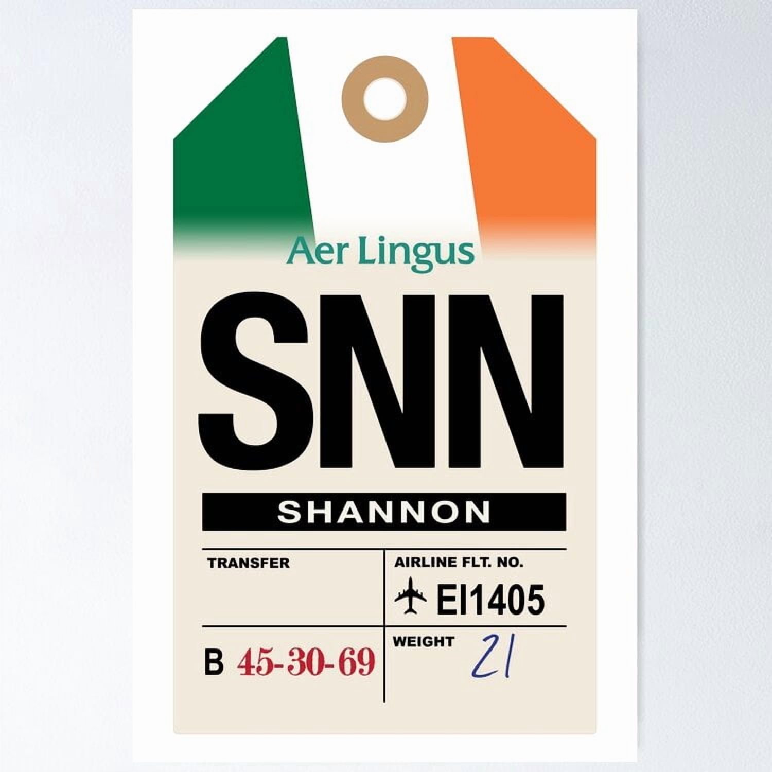 Poster Shannon (Snn) Ireland Airline Luggage Tag Vintage Wall Arttrendy Retro Print Positive Quote Poster Room Decor Wall Art, Poster Only