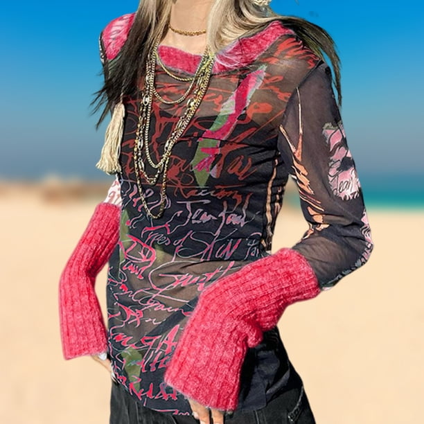 Camiseta De Mujer Camisetas casuales con estampado transparente de malla Jerseys de manga larga con cuello redondo (Rose Red S) Cgtredaw Para estrenar