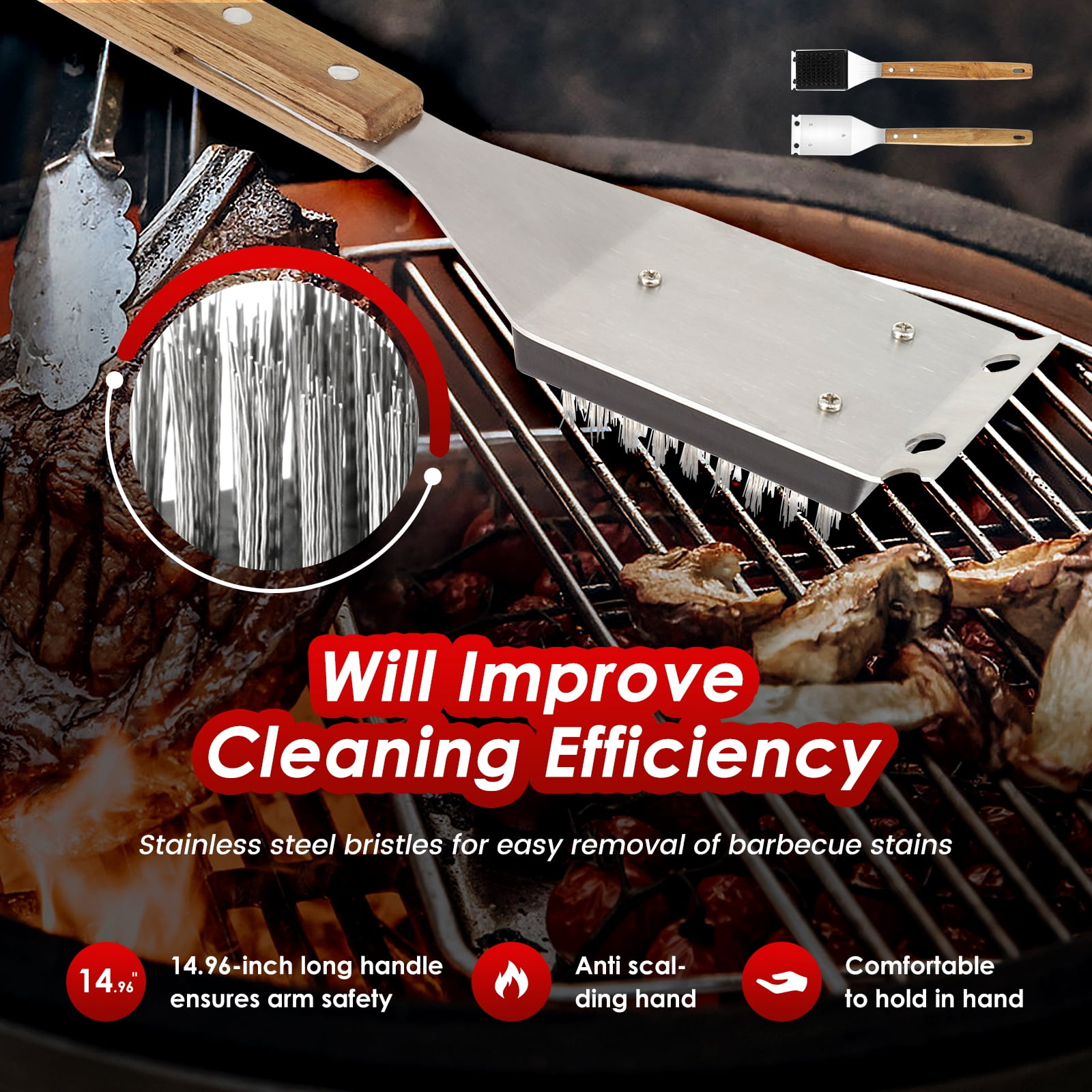 Grill Brush And Scraper 2 Pcs 15 Inch Stainless Steel Bristles Wood Handle BBQ Cleaner (asshown )