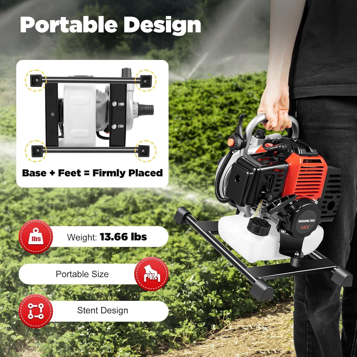 Miumaeov 2.3HP 2 Stroke Gas Gasoline Water Pump,1.5" Inch Petrol Water Transfer High Pressure Pump, 52CC Trash Pump 8500RPM Air Cooling Single-cylinder for Irrigation Pool