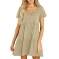 thumbnail image 6 of SMihono Womens Summer Casual Dresses 2025 Short Sleeve V-Neck Tshirt Dress Flowy Babydoll Dress Swing Shift Loose Mini Tunic Dress Khaki L, 6 of 8