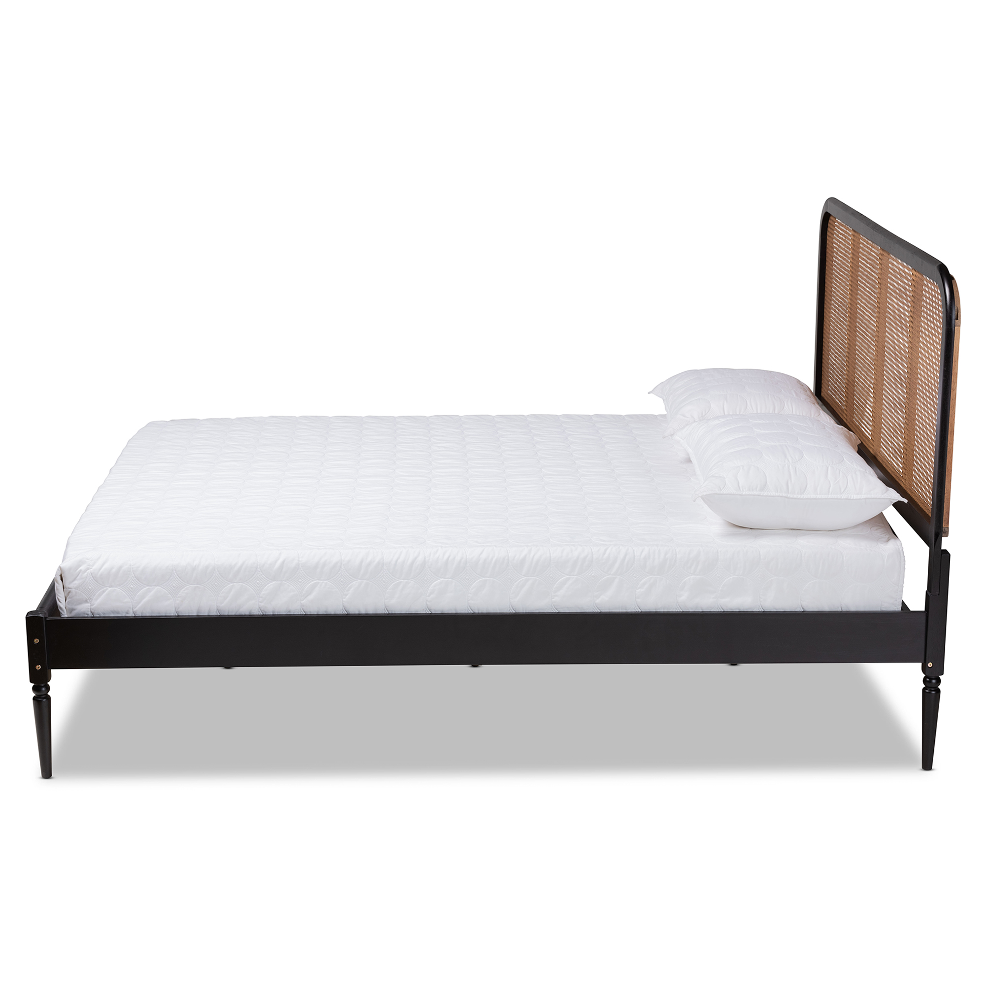 Baxton Studio Elston Mid-Century Modern Charcoal Finished Wood and Synthetic Rattan Queen Size Platform Bed
