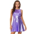 thumbnail image 1 of Disfraz de Halloween Vestido acampanado holográfico de cintura alta y cuello redondo sin mangas brillante metálico Clubwear para mujer Blanco morado L, 1 of 5