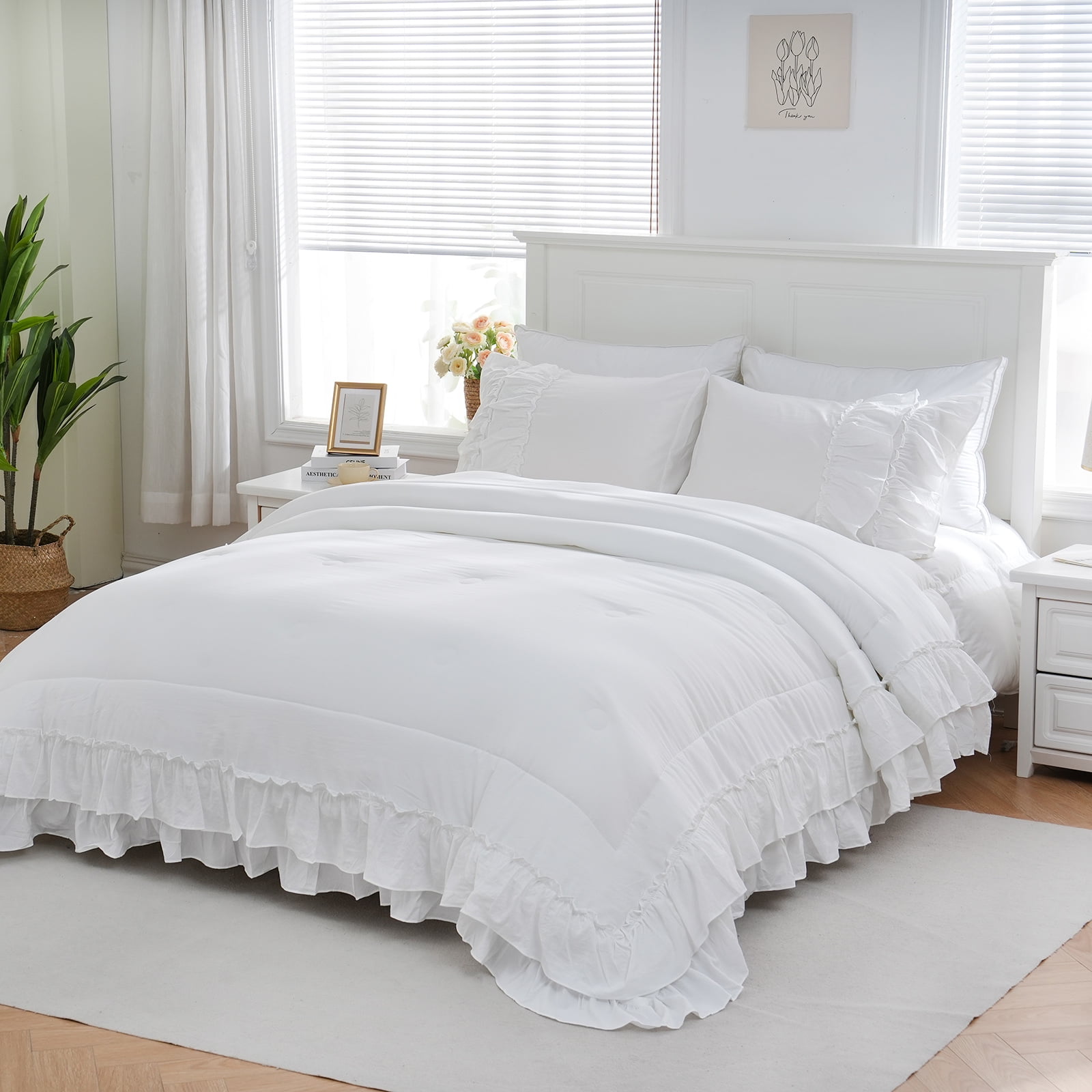 Move Over White Ruffle Comforter Set Queen Boho Bedding Sets 2 Layers White Long Ruffled Pattern Microfiber Filling Farmhouse Duvet