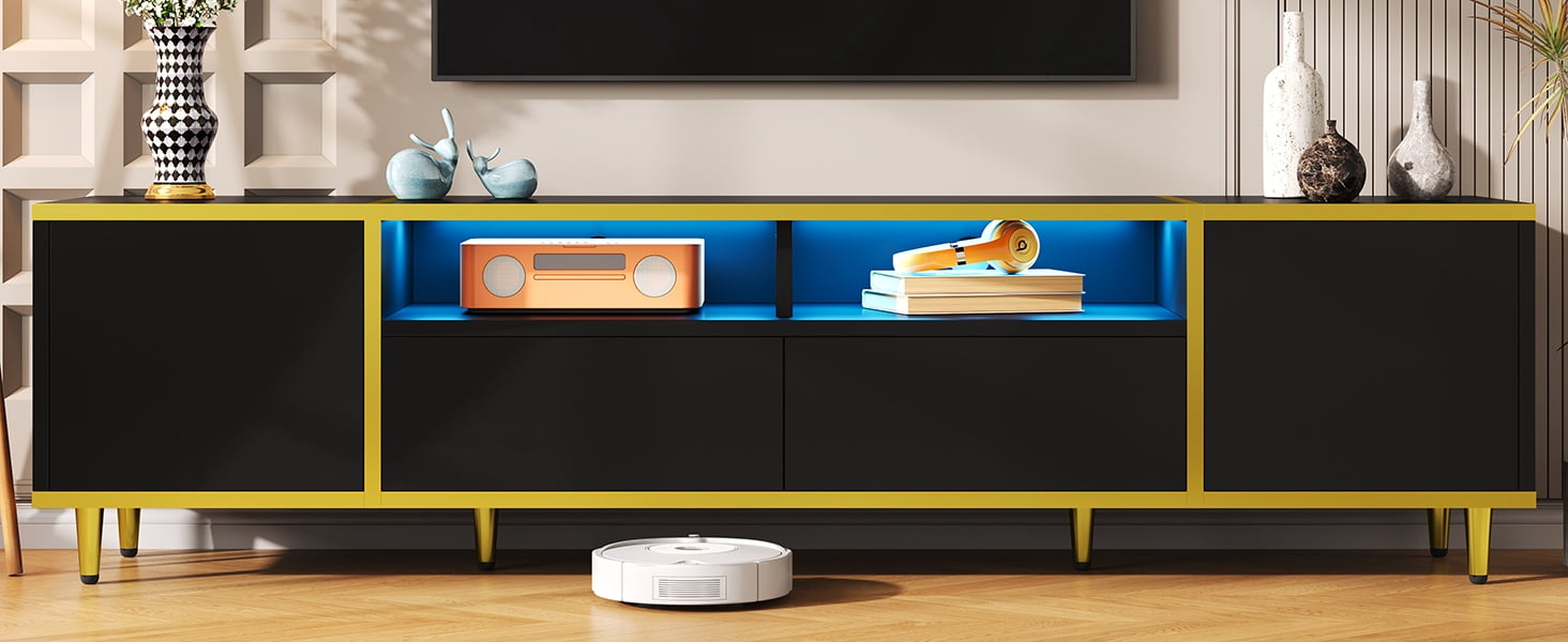 Euroco Modern LED TV Stand with Storage Cabinets, Drawers, Golden Accents & App-Controlled Lighting