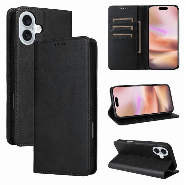 Wallet Case for iPhone 16 Plus with Card Slots & Stand - Protective Flip Cover Black