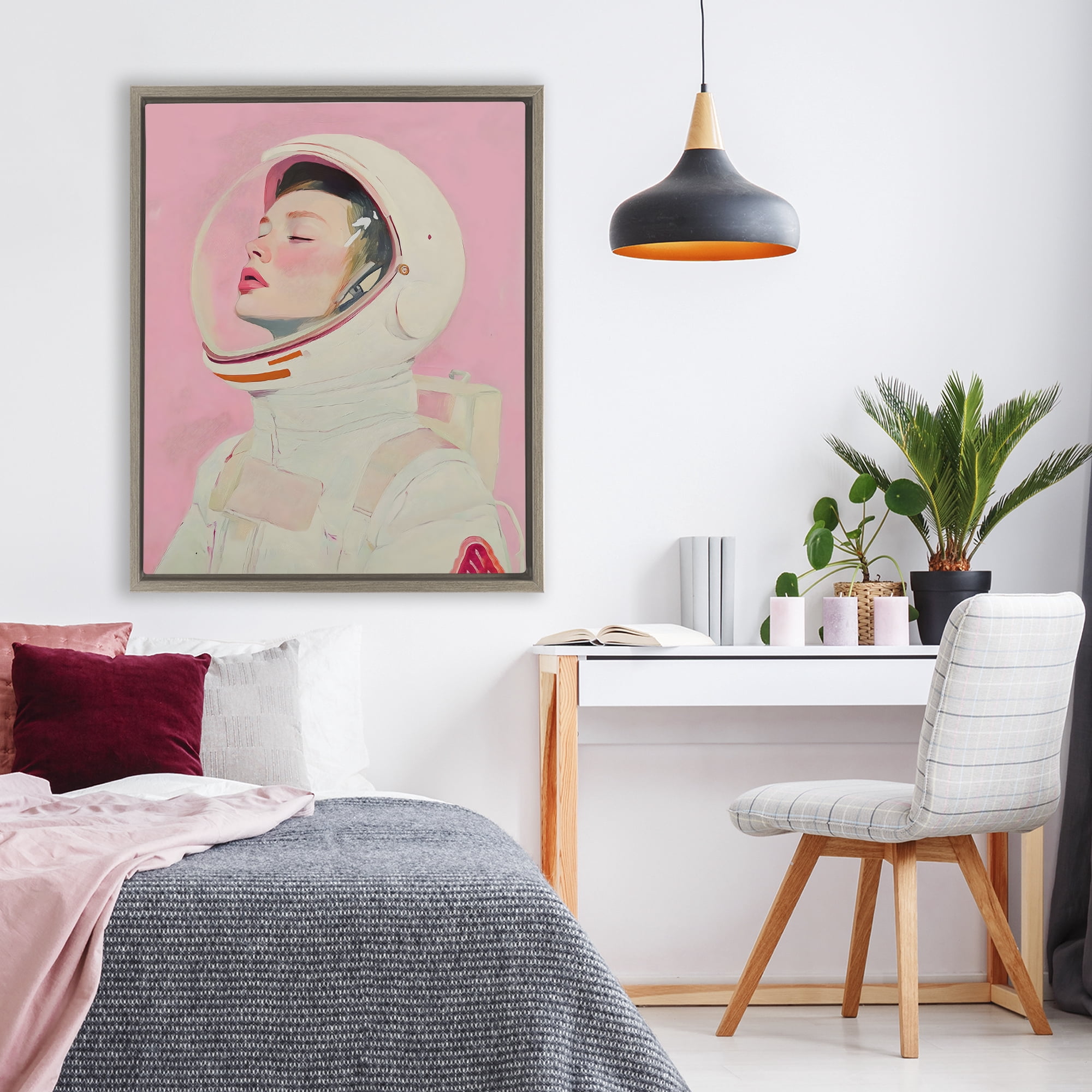 Stupell Industries Pink Astronaut Girl Brown Framed Floater Canvas Wall Art, design by The Prints Vibe