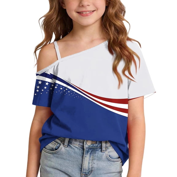 FAVIPT Fourth of July Shirt Teen Girls Summer 250 Years American Flag Tshirt One Shoulder Patriotic Shirts Independence Day Tee Multicolor,13 Years