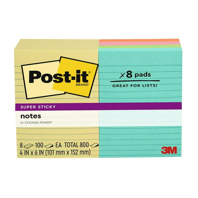 Post-it Super Sticky Notes, 4" x 6", Assorted Colors, Lined, 8 Pack, 800 Total Sheets