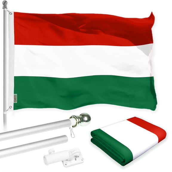 G128 Combo Pack: 6 Ft Tangle Free Spinning Flagpole (Silver) & Hungary Flag 3x5 Ft Printed 150D Polyester, Brass Grommets (Flag Included) Aluminum Flag Pole