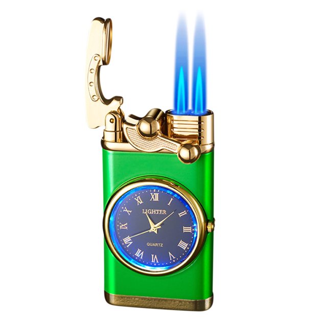 Dsseng Butane Torch Lighter Double Fire Switching Lighter With Quartz Watch Metal Inflatable Windproof Blue Flame Lighter Fashion Gift Luminous White